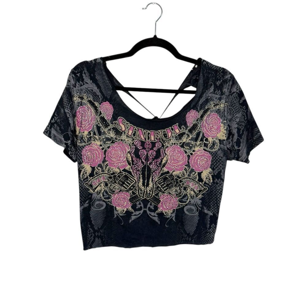 Vintage Women’s Medium Sinful Crop‎ Top Gray Rhinestones Roses Cut Out Back Y2K